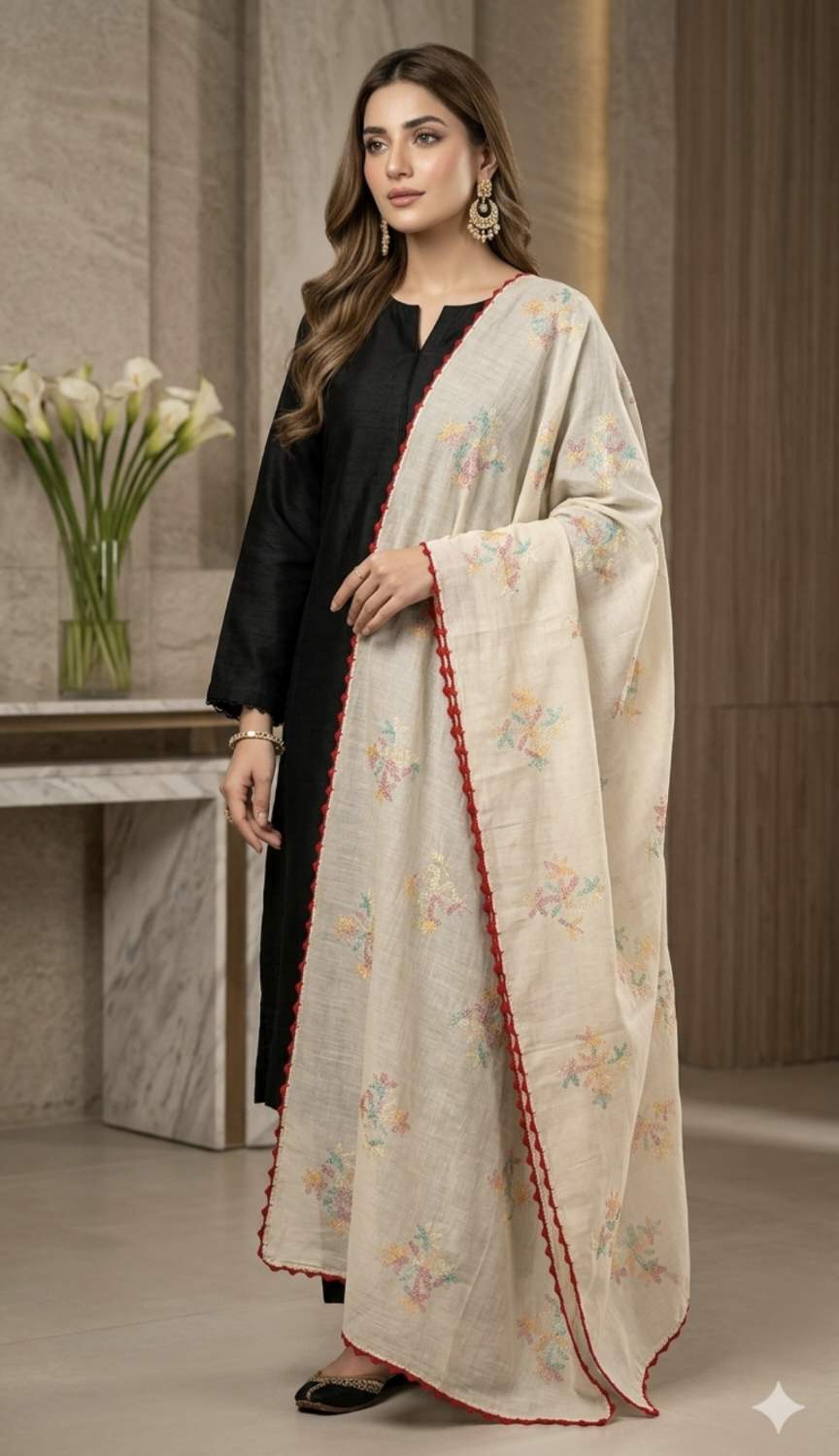 🥳 Big Sale M-889  Rs.1490 Light Olive Green (Dc Free) Handmade Kacha Tanka embroidery Pure Summer Lawn Chadder (2.5 Meter)