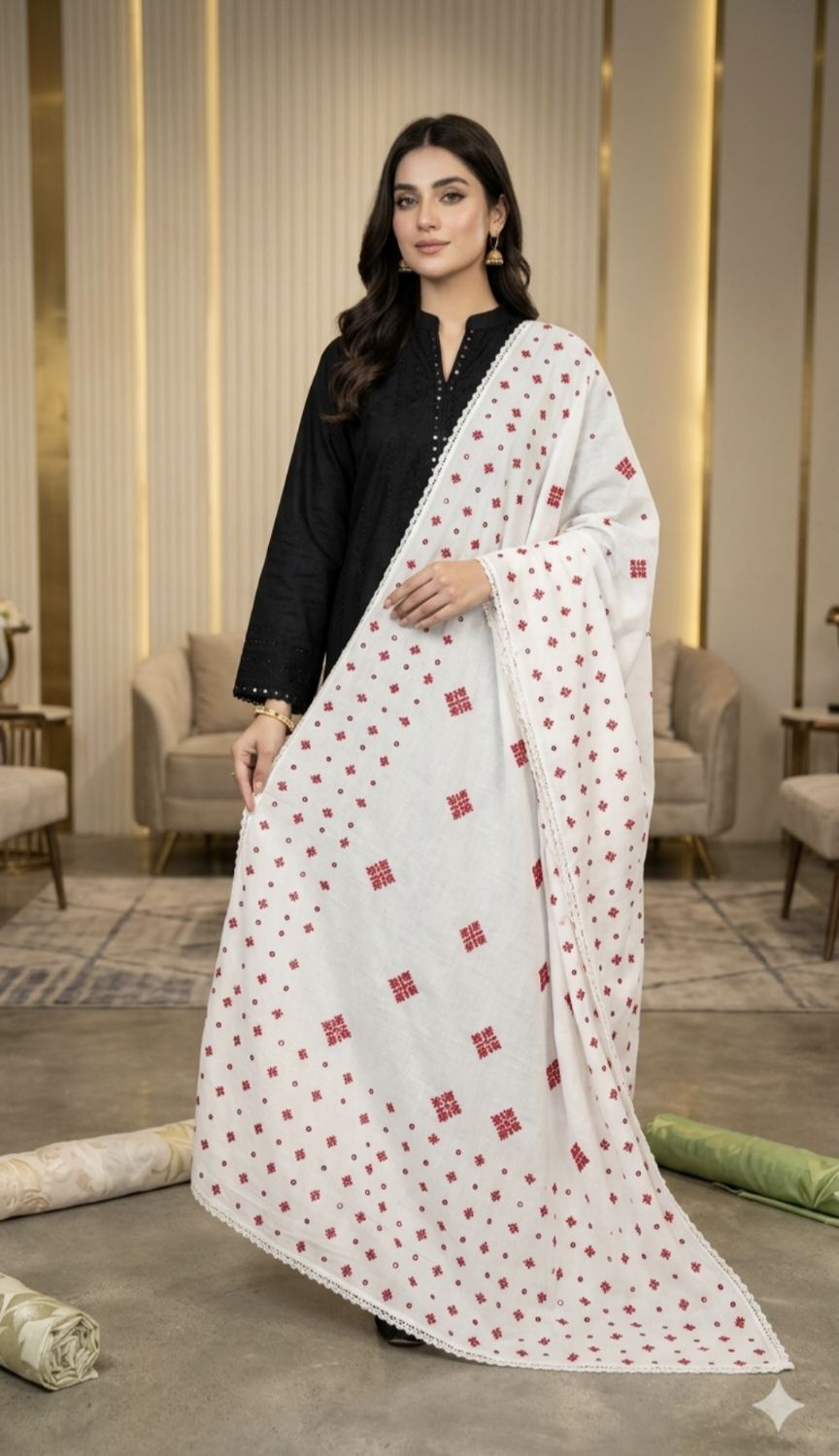 🥳 Big Sale M-880  Rs.1250 (Dc Free) Handmade Kacha Tanka embroidery with original Mirror Work Pure Summer Lawn Chadder (2.5 Meter)