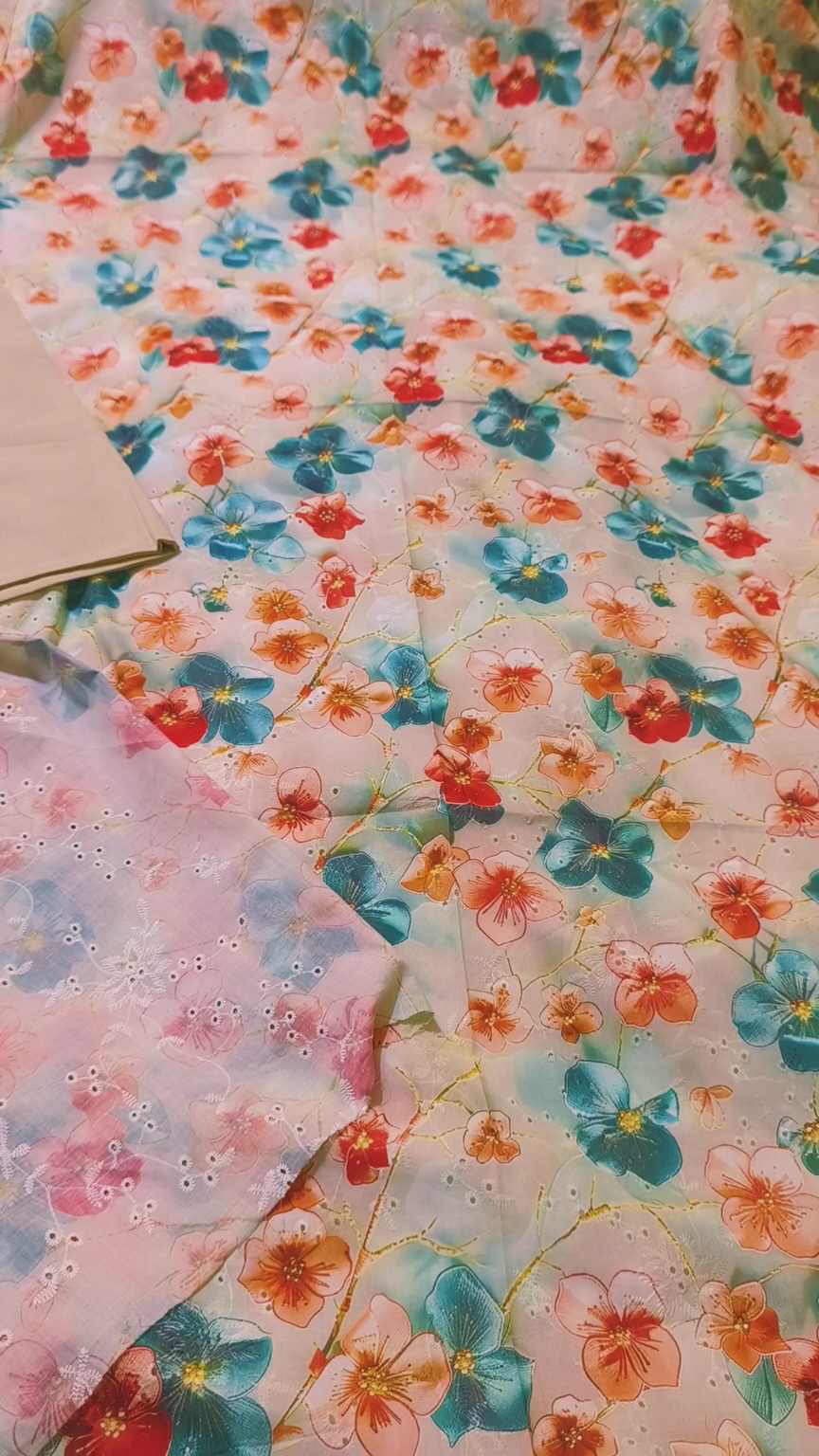 M-1519  Imported 3-D Luxury Embroidery Shiffli Full chickenkari Jall shirt & pure summer Lawn Matching Truzer 2pc