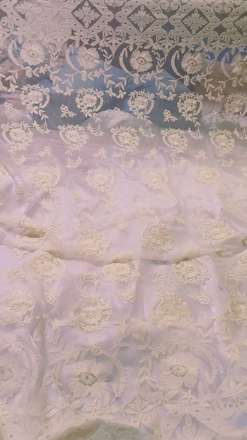 😱Lot Sale M- 1814 Off white  Imported High quality Luxury 3-D Shiffli ChickenKari Fancy Embroidery Pure Summer ⛱️ in soft net Only Shirt