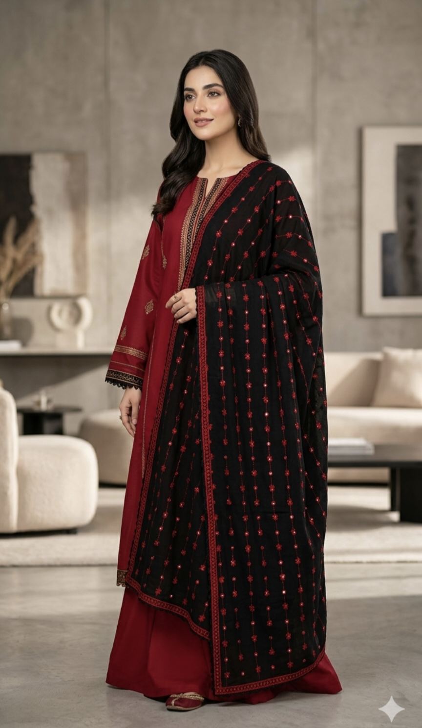 🥳 Big Sale M-983 Rs.1050  ( Dc Free) Handmade Mirror Work Embroidery in Sooti Lawn Chadder ( 2.5 Meter)