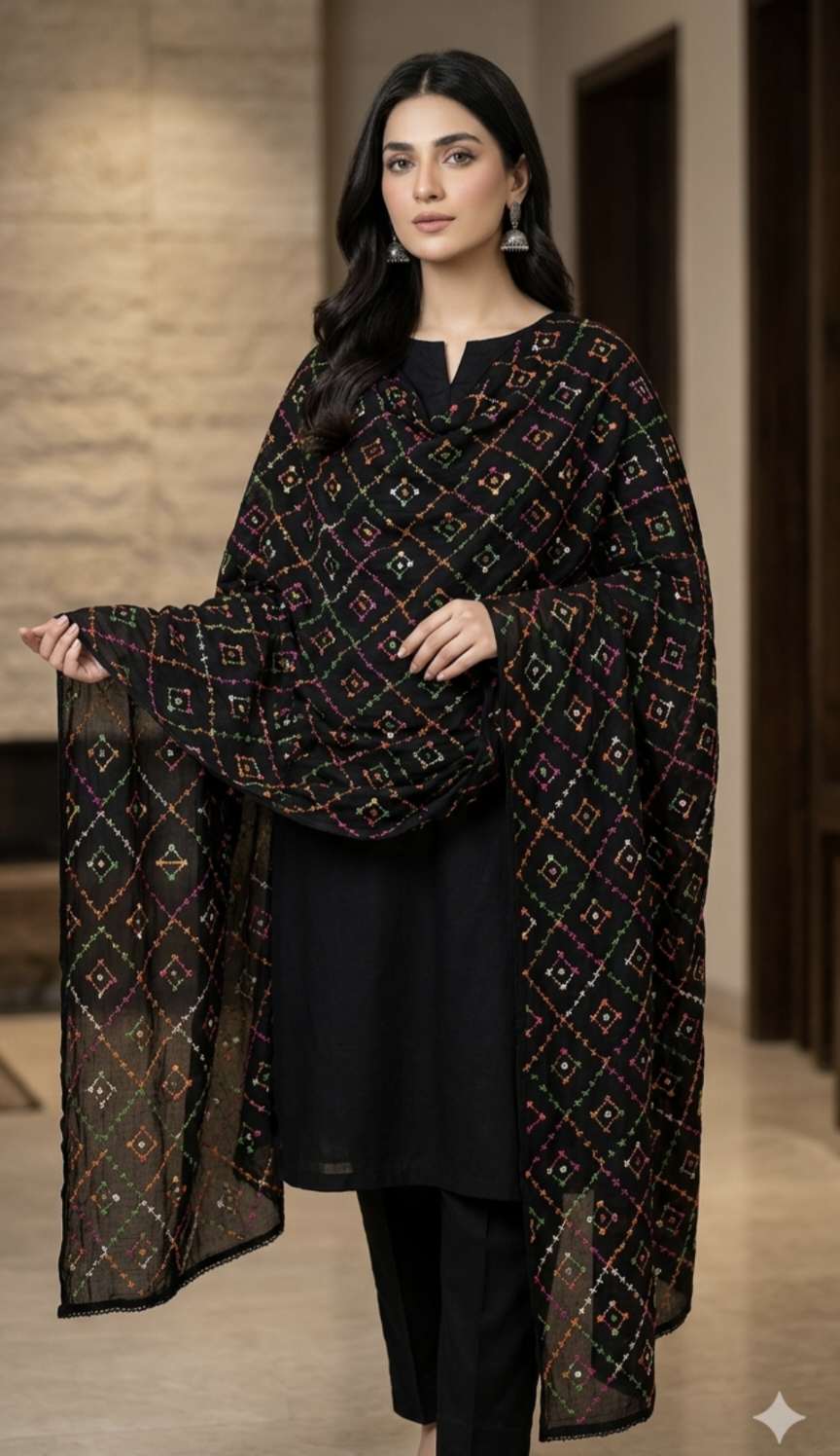 🥳 Big Sale M-982. Rs.1090 ( Dc Free) Handmade Mirror Work Multi Dhaga Embroidery in Sooti Lawn Chadder ( 2.5 Meter)