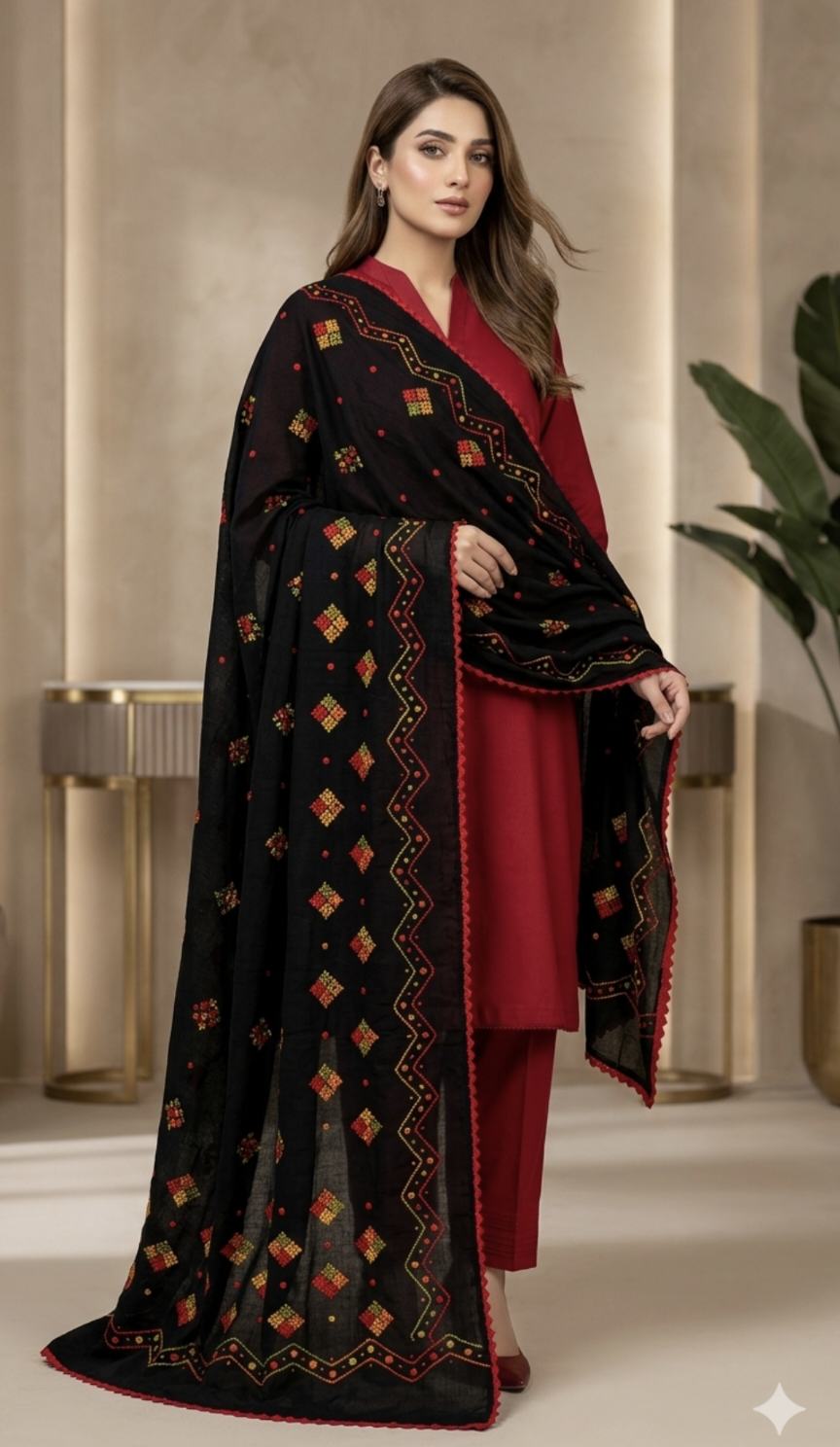 🥳🤷 Big Sale M-989 Rs.1390 ( Dc Free) Handmade Kacha tanka Mirror Embroidery Sooti Summer Lawn Chadder (2.5 Meter)