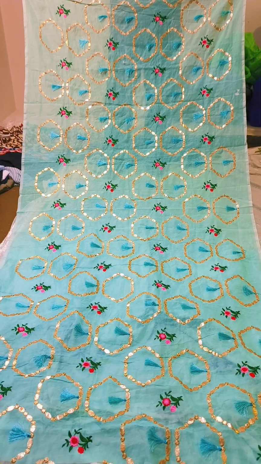 🥳 Big Sale M-1003 .Rs.1550 Imported Partyware Press Goota Embroidery Shawl in Khaddi Summer Lawn (2.6 Meter)