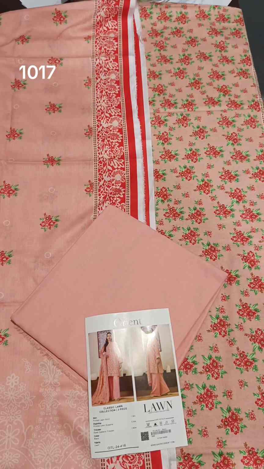 3pc .Sale Sale M-1017  Rs.2450 Branded (Orient) 3pv Lawn suit with packing