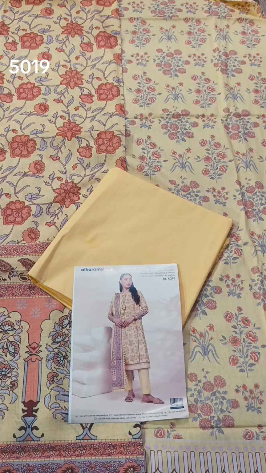 3pc .Sale Sale M-5019  Rs.2450 Branded (Alkaram Studio) 3pv Lawn suit with packing -