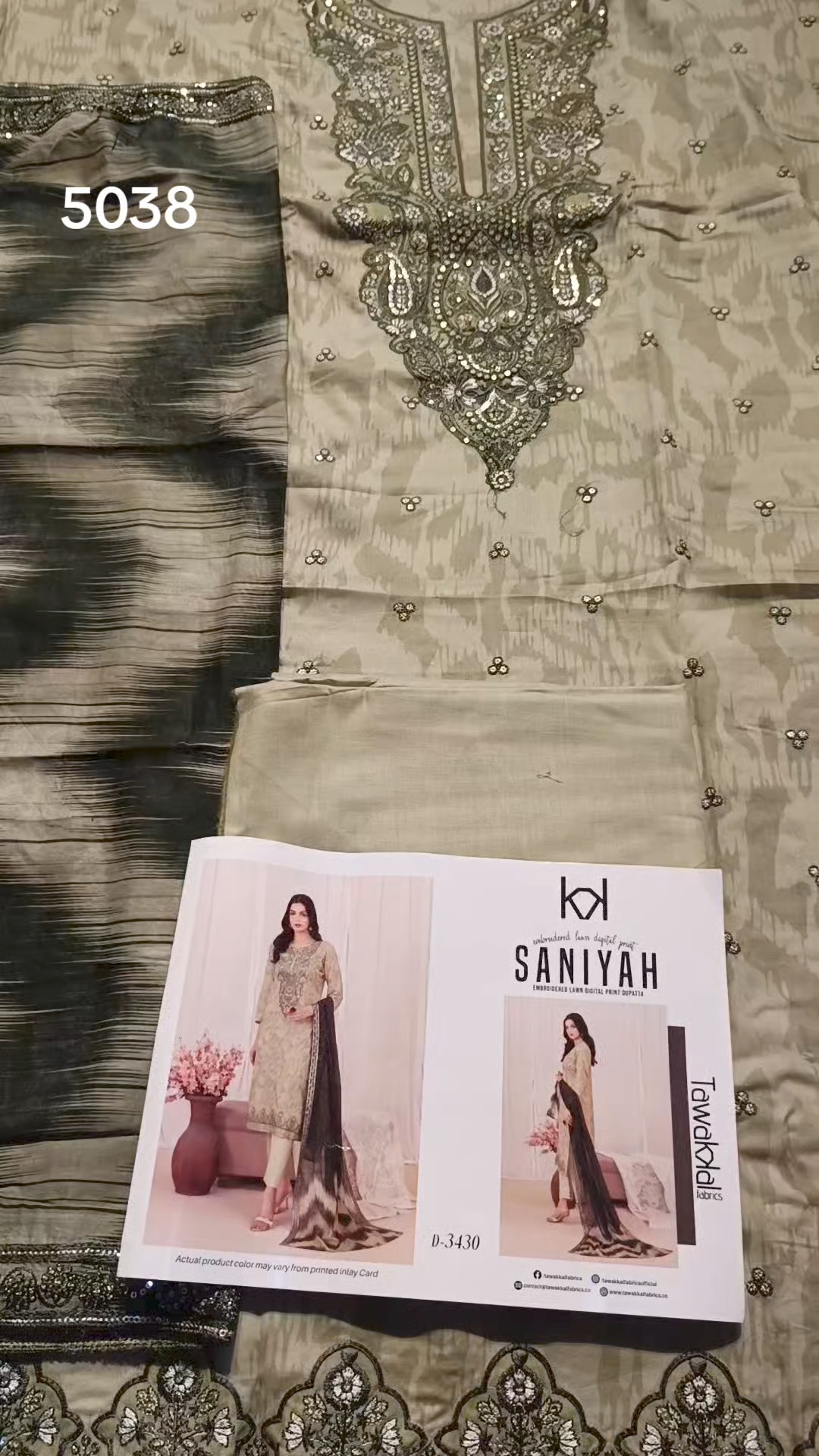3pc .Sale Sale M-5038. Pista Color Rs.5500  Branded (Tawakal) Squance Work 3-D Embroidery 3pc Lawn suit with packing