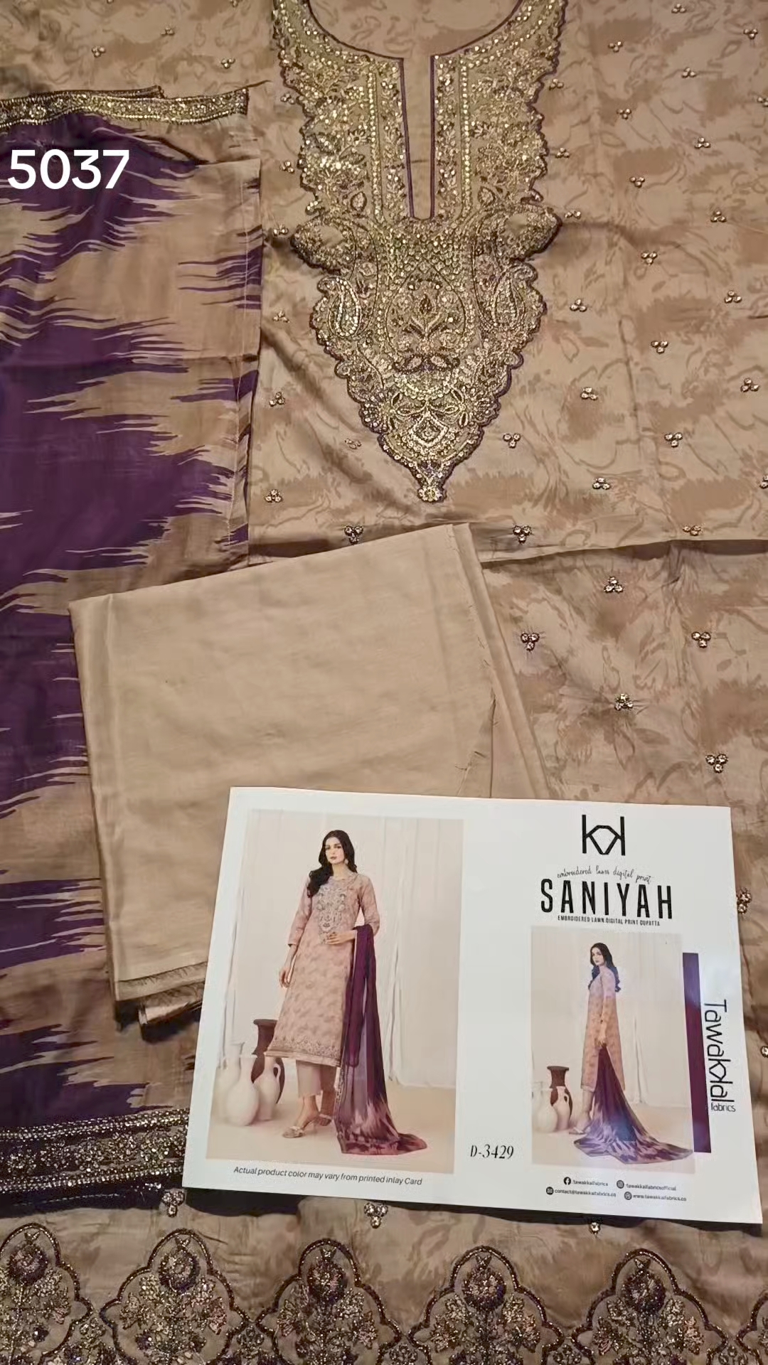 3pc .Sale Sale M-5037.  Rs.5500  Branded (Tawakal) Squance Work 3-D Embroidery 3pc Lawn suit with packing