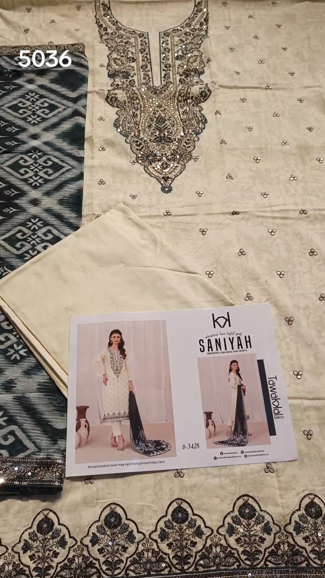 3pc .Sale Sale M-5036.  Rs.5500 Black color Branded (Tawakal) Squance Work 3-D Embroidery 3pc Lawn suit with packing