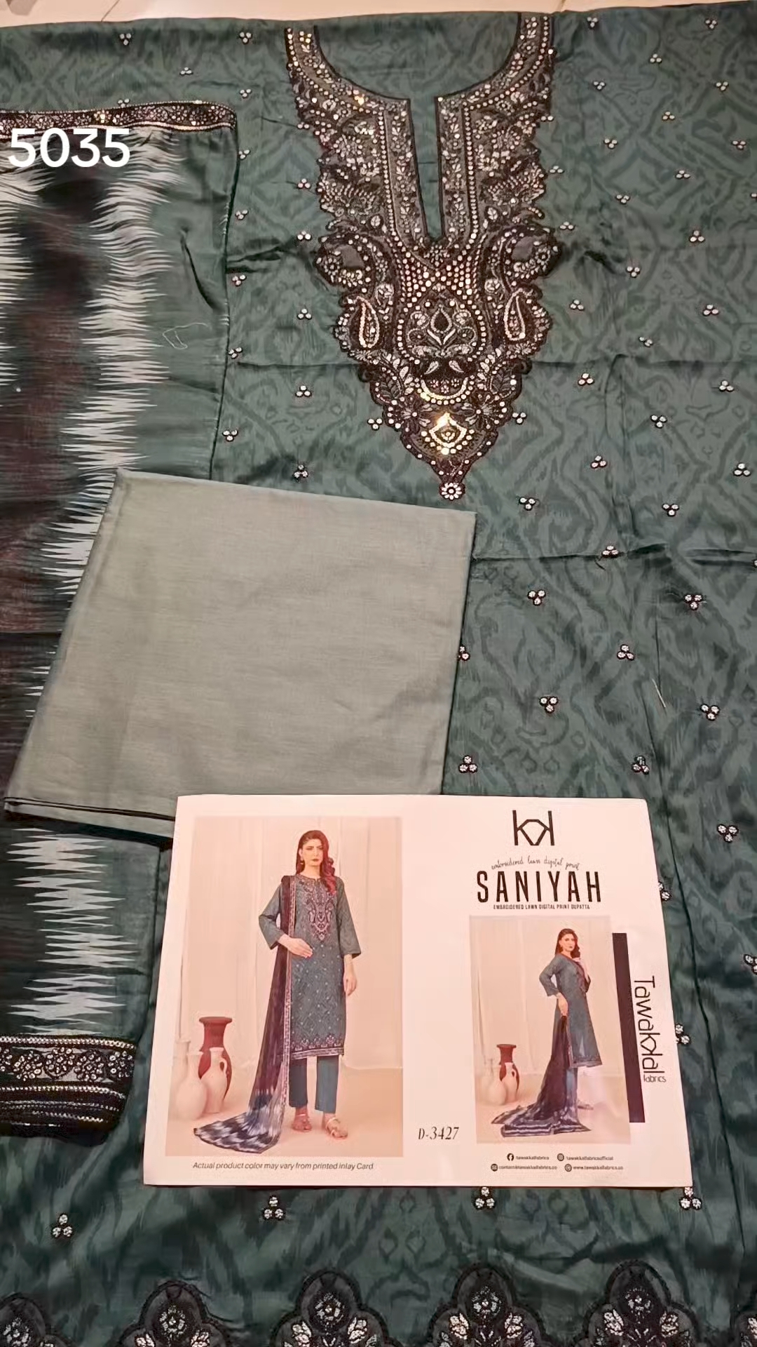3pc .Sale Sale M-5035.  Rs.5500  Branded (Tawakal) Squance Work 3-D Embroidery 3pc Lawn suit with packing
