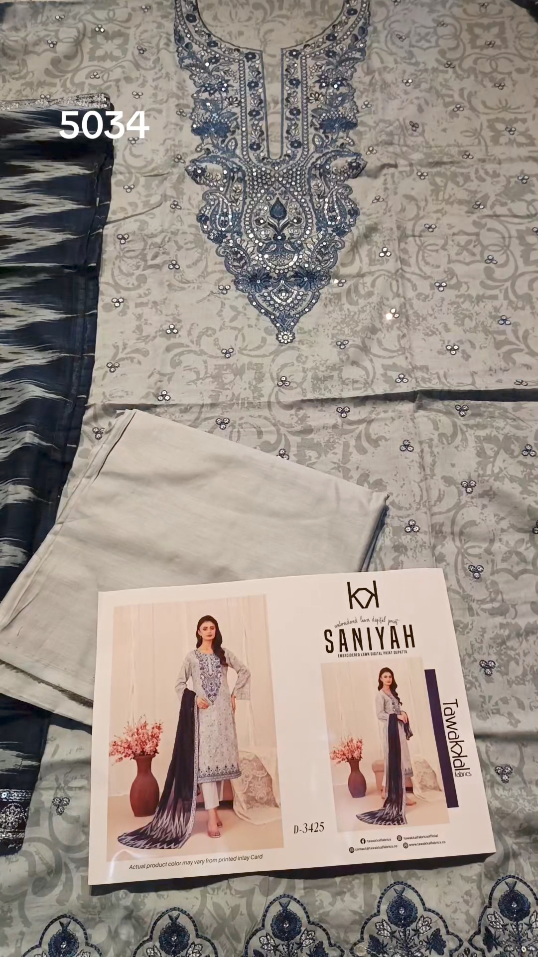 3pc .Sale Sale M-5034.  Rs.5500 navy blue  Branded (Tawakal) Squance Work 3-D Embroidery 3pc Lawn suit with packing