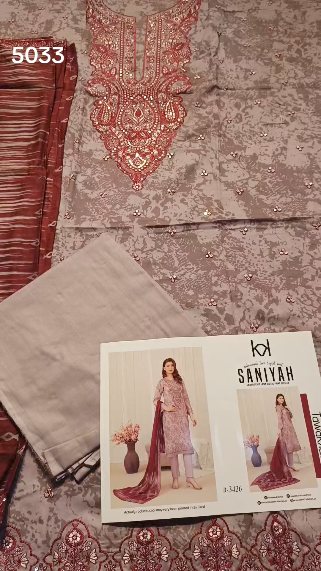 3pc .Sale Sale M-5033.  Rs.5500  Branded (Tawakal) Squance Work 3-D Embroidery 3pc Lawn suit with packing
