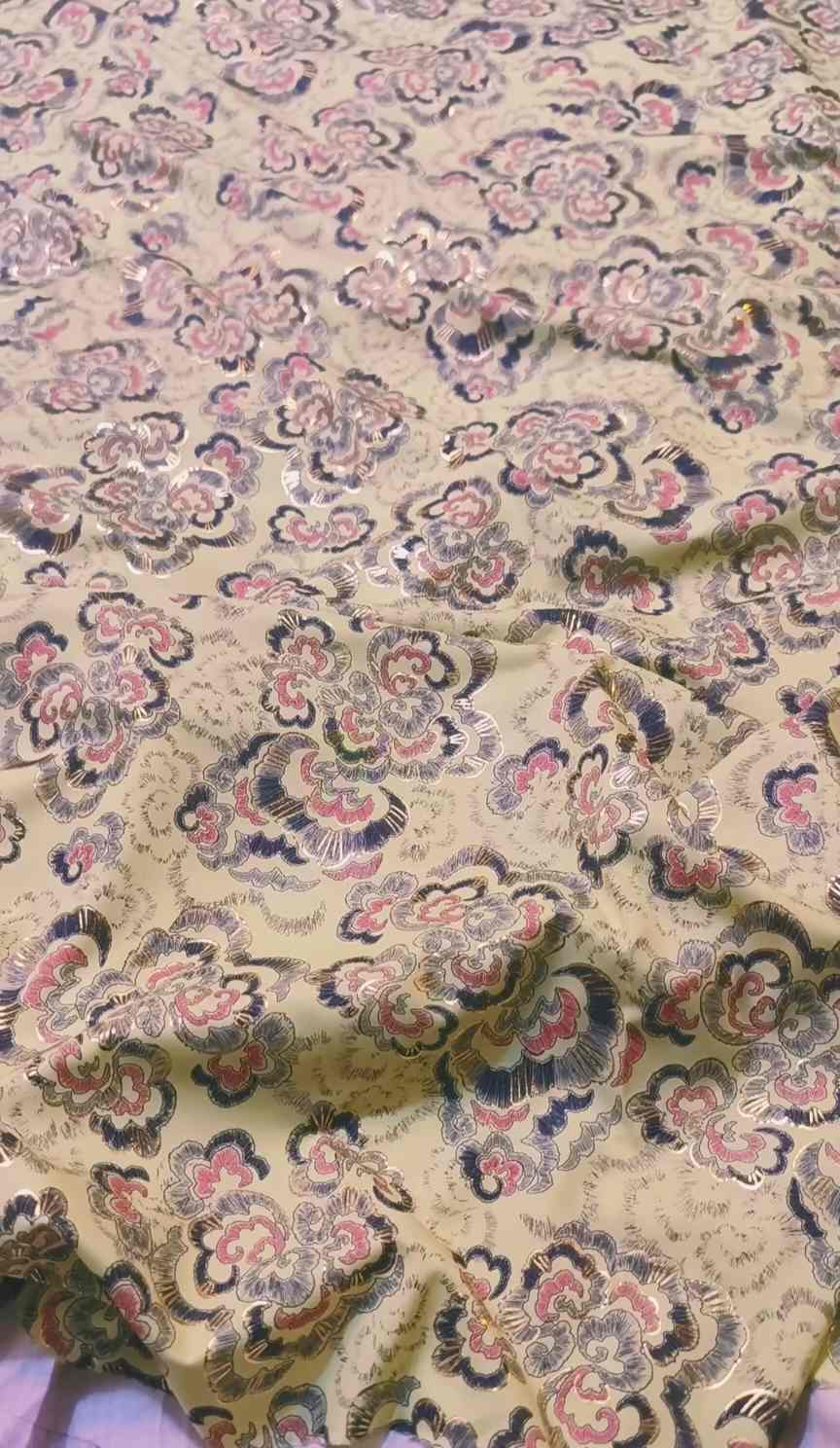 🥳 Sale Sale M-1168 Rs.1450  Imported Embossed Gold Lekar paint (Lawn+ Silk) Mix Summer voil Silk Stuff Same print Shirt & Trouser 2pc -