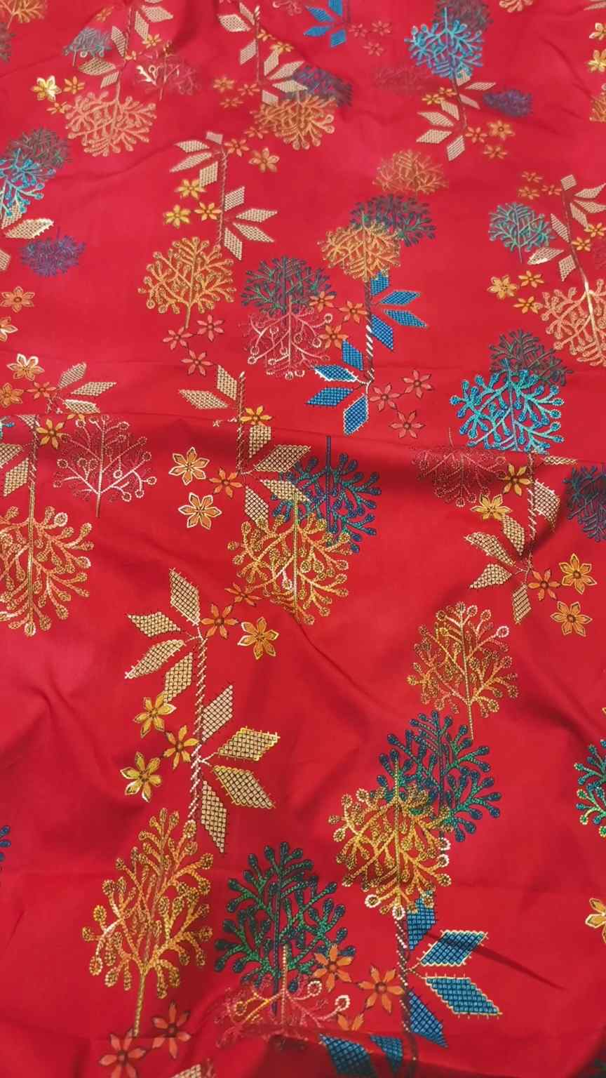 🥳 Sale Sale M-1164 Rs.1450  Imported Embossed Gold Lekar paint (Lawn+ Silk) Mix Summer voil Silk Stuff Same print Shirt & Trouser 2pc -