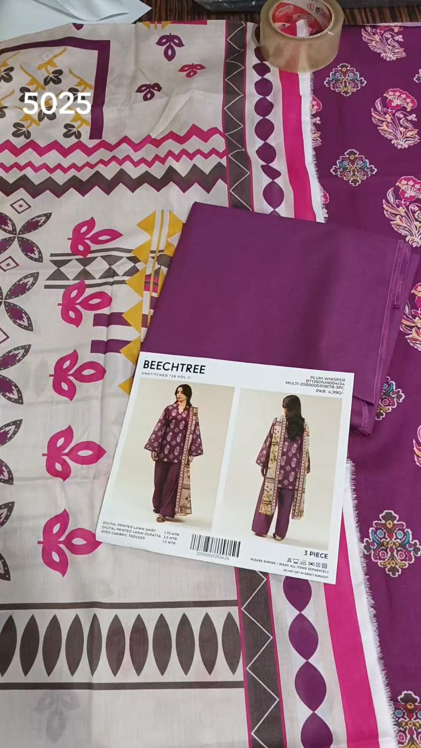 3pc .Sale Sale M-5025 Rs.2450 Branded (Beechtree) 3pv Lawn suit with packing