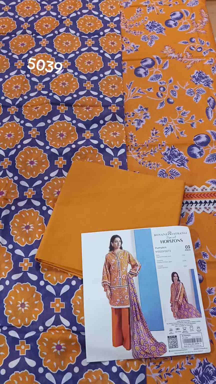 3pc .Sale Sale M-5039 Rs.2450 Branded (Bonanza Satrangi) 3pc Lawn suit with packing