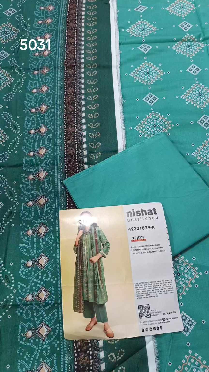 3pc .Sale Sale M-5031  Rs.2450 Branded (Nishat) 3pc Lawn suit with packing