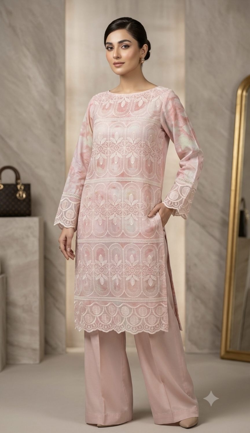 🥳 Big Sale M-08 Rs.1650  Imported Most Luxurious Chickenkari 3-D Embroidery Pure Shaffon Stuff Shirt