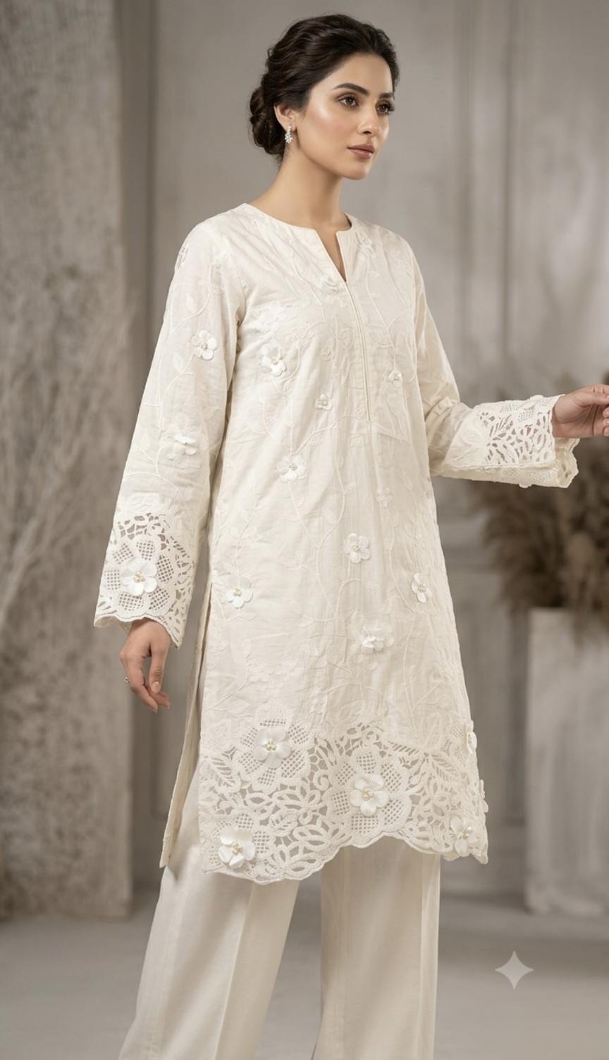 🥳Big Sale M-11 Rs.1450 Imported Unique ChickenKari with 3-D Flowers Pearl k Motti Pure Summer Lawn Shirt