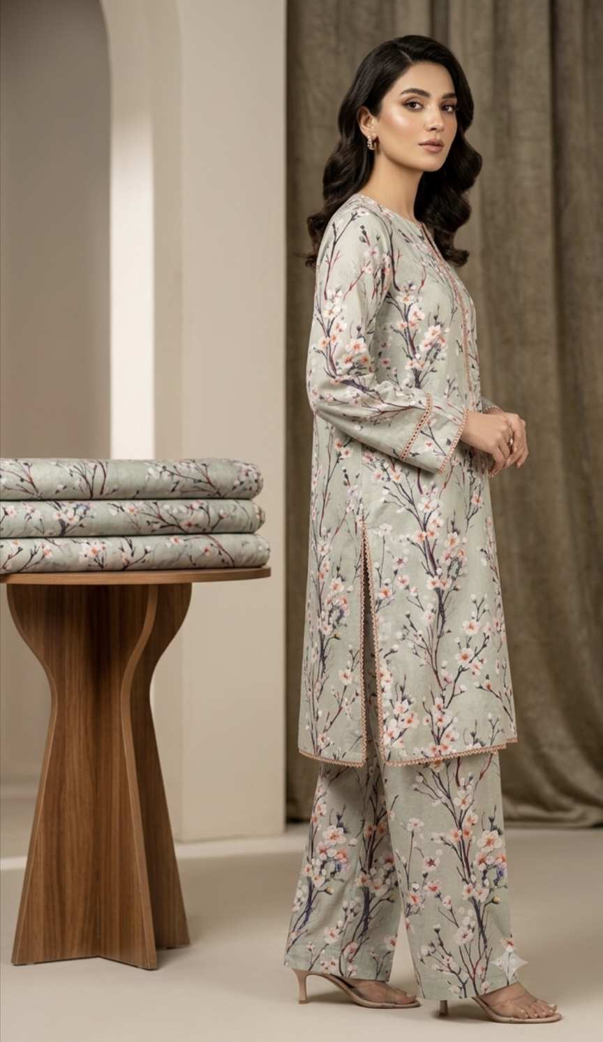 🥳 New Arrival M-531 Rs.1550 Imported Digital Luxury Stone Lelin( Mid season & Winter) Same print Shirt & Truzer 2pc