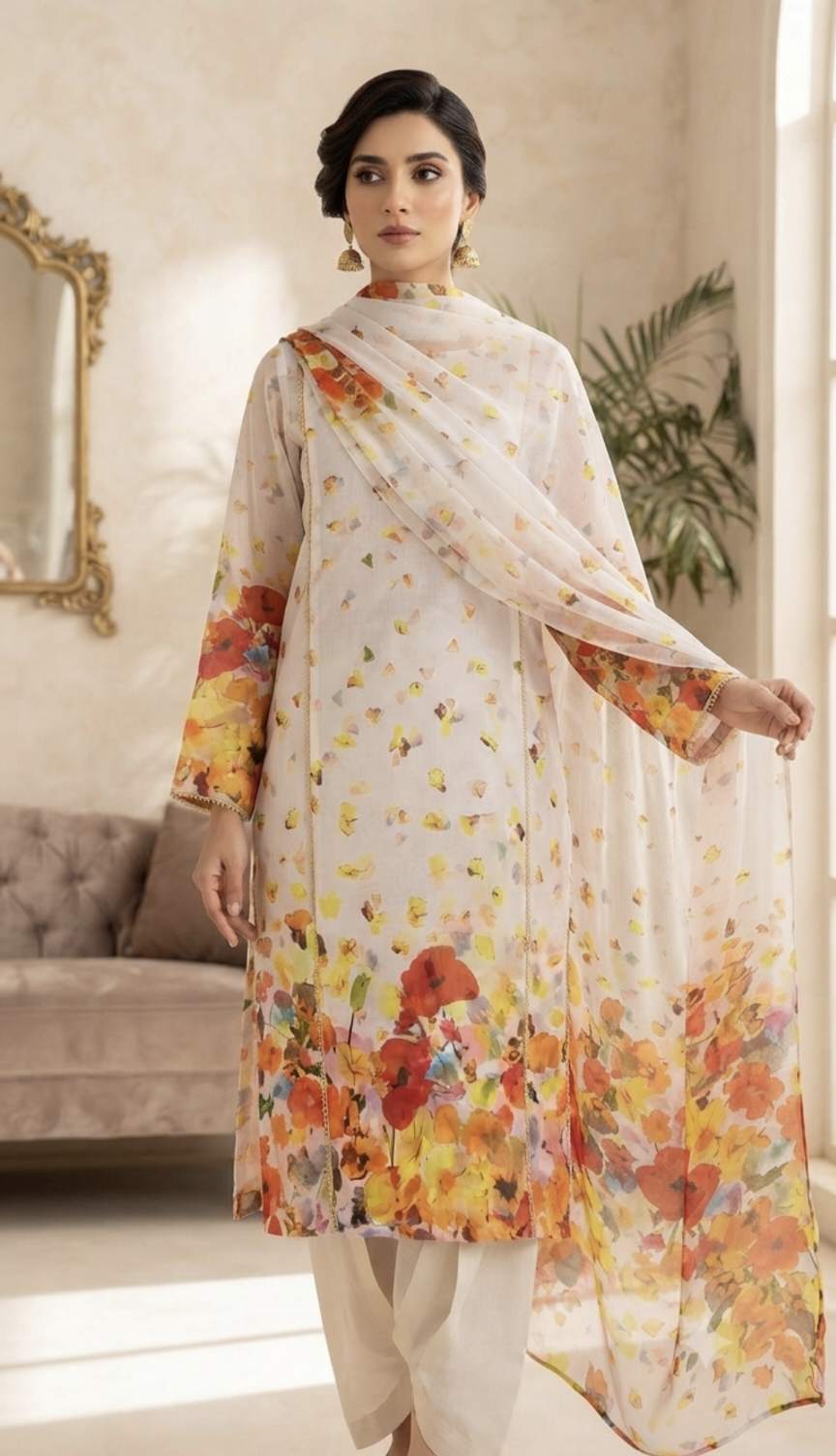 Duppta+ Shirt)🥳 Big Sale M-63  Rs.1350 Imported Hi quality Korean Pure Shaffon Stuff Same design Duppta & Shirt 2oc