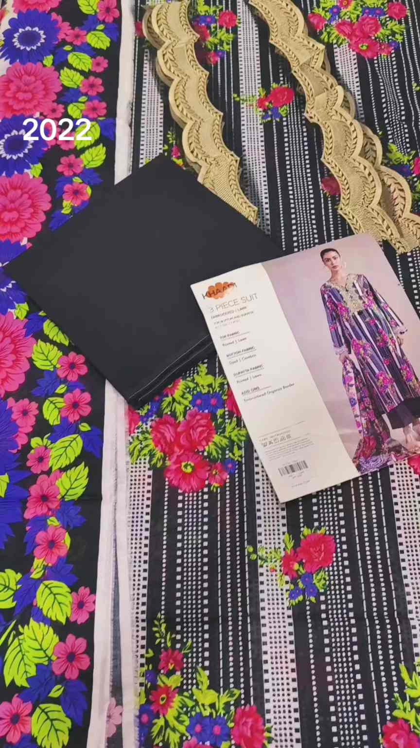 3pc .Sale Sale M-2022 Rs.2590  Branded (Khaadi) Neck & Sleeves Embroidery Patch 3pc Lawn suit with packing