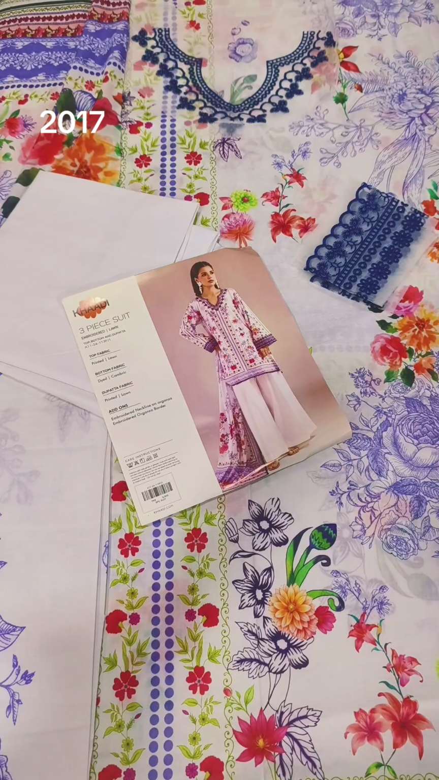 3pc .Sale Sale M-2017  Rs.2590  Branded (Khaadi) Neck & Sleeves Embroidery Patch 3pc Lawn suit with packing