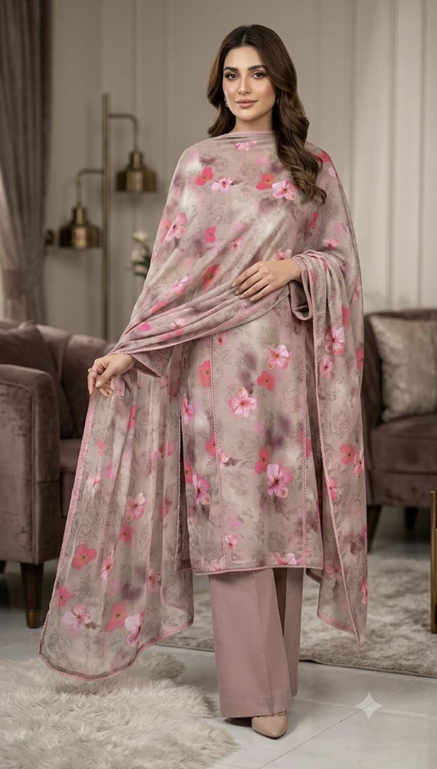 Duppta+ Shirt)🥳 Big Sale M-142 Rs.1390 Imported Hi quality Korean Pure Shaffon Stuff Same design Duppta & Shirt 2pc