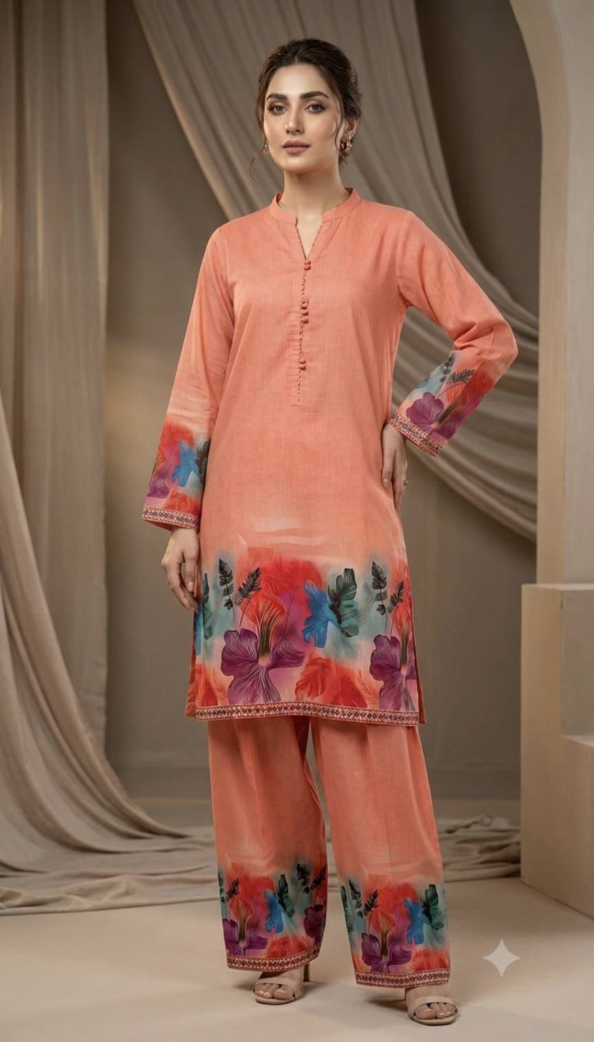 🥳 Sale Sale M-201  Rs.1390 Imported  Daman Design 3-D Dorria Pure Summer Lawn Shirt & Truzer 2pc