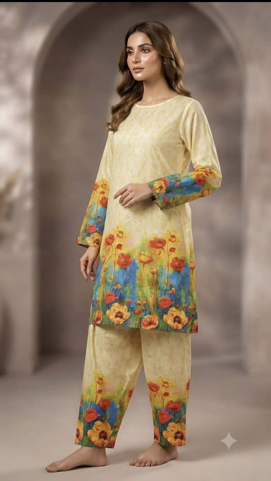 🥳 New Arrivals M-230  Rs.1390  Imported Digital border design Pure Summer ⛱️ Lawn Same print Shirt & Truzer 2pc -