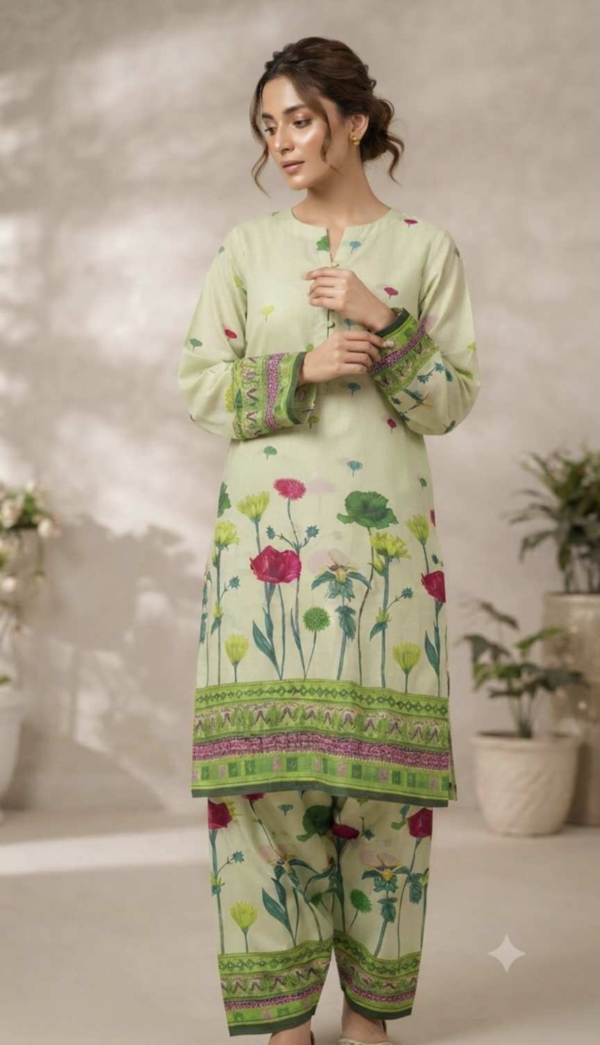 🥳 New Arrivals M-227  Rs.1390  Imported Digital border design Pure Summer ⛱️ Lawn Same print Shirt & Truzer 2pc -