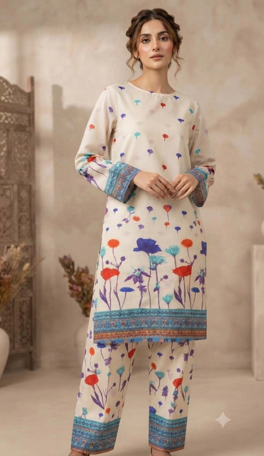 🥳 New Arrivals M-226  Rs.1390  Imported Digital border design Pure Summer ⛱️ Lawn Same print Shirt & Truzer 2pc -