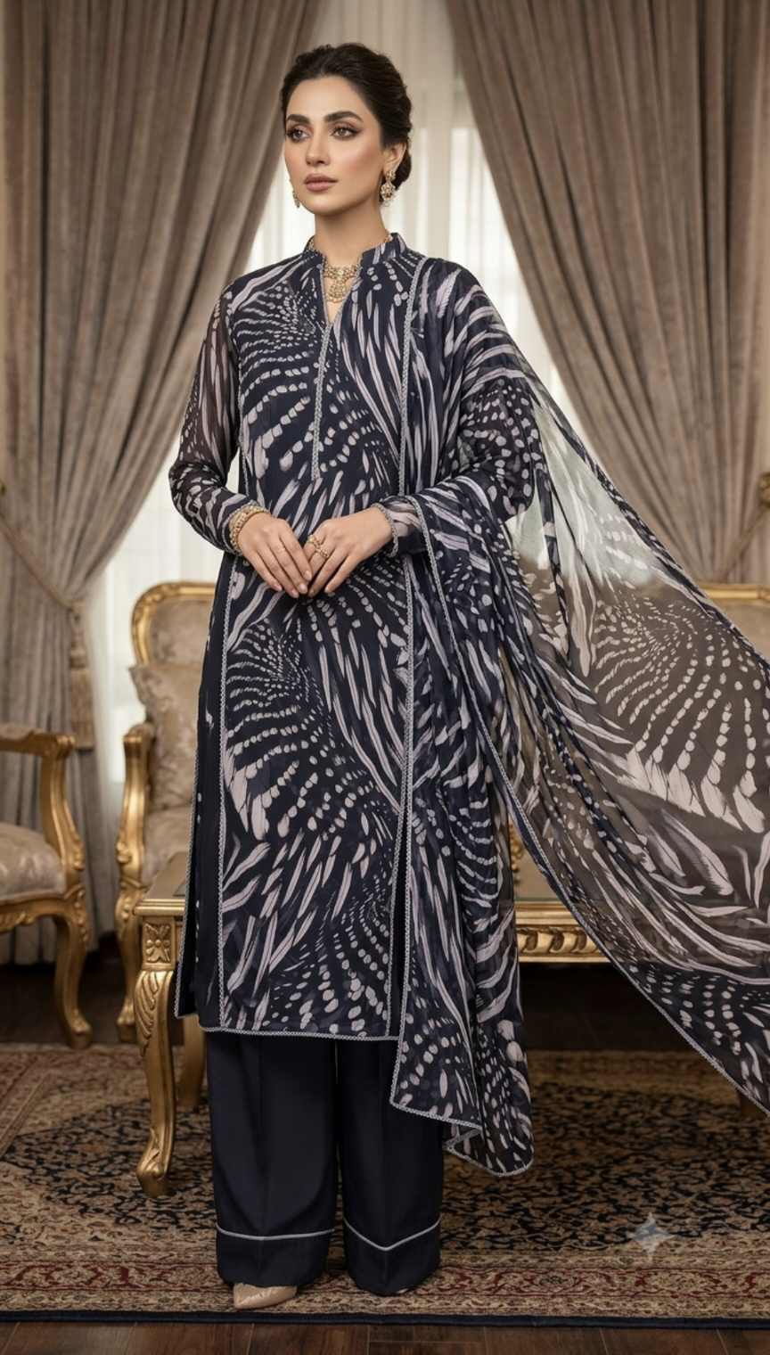 Duppta+ Shirt)🥳 Big Sale M-336 Rs.1290  Imported Korean Pure Shaffon Stuff Same design Duppta & Shirt 2pc