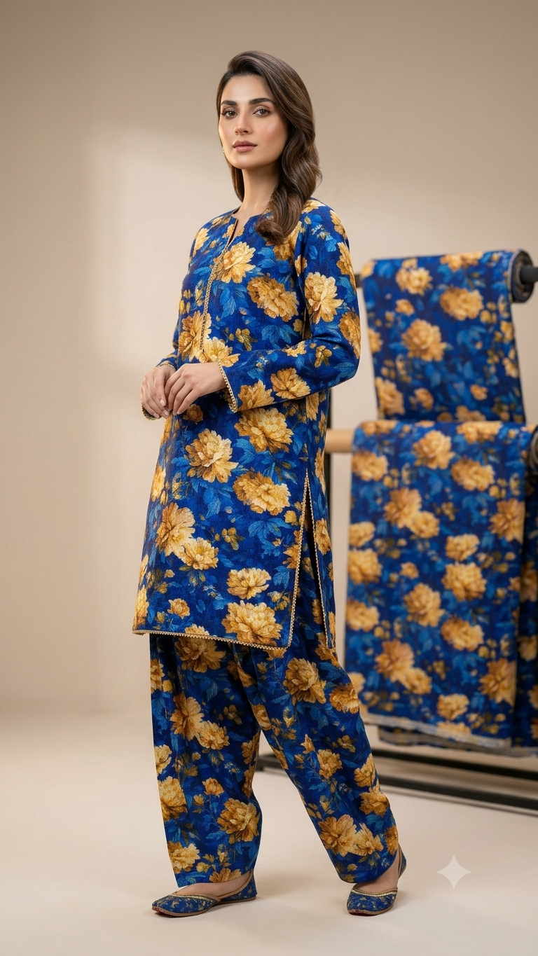 🥳 New Arrival M-526 Rs.1550 Imported Digital Luxury Stone Lelin( Mid season & Winter) Same print Shirt & Truzer 2pc