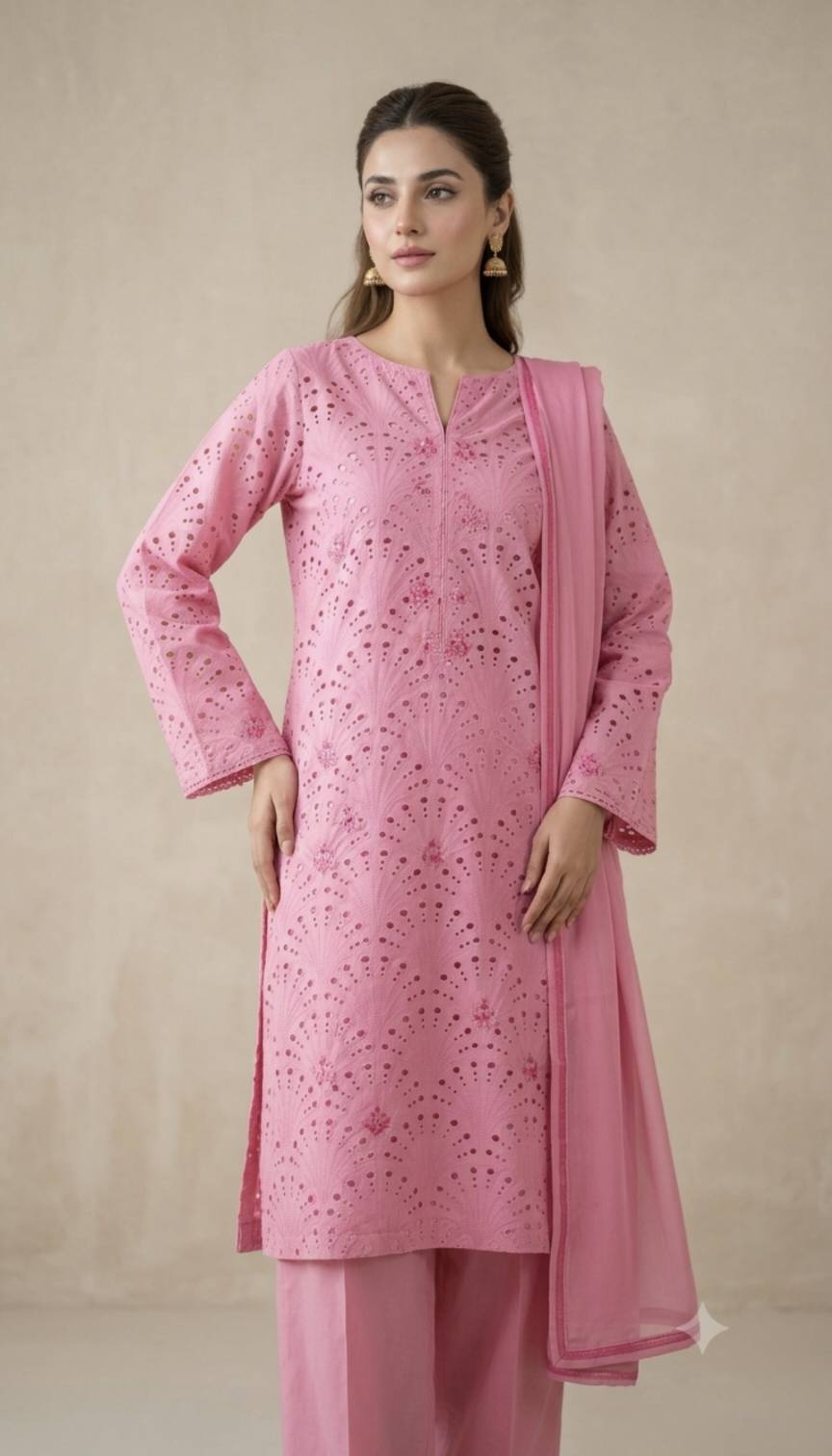 🥳 Big Sale M-603  Rs.1670 Imported Luxury 3-D chickenKari Arr Embroidery Pure Summer Lawn Shirt