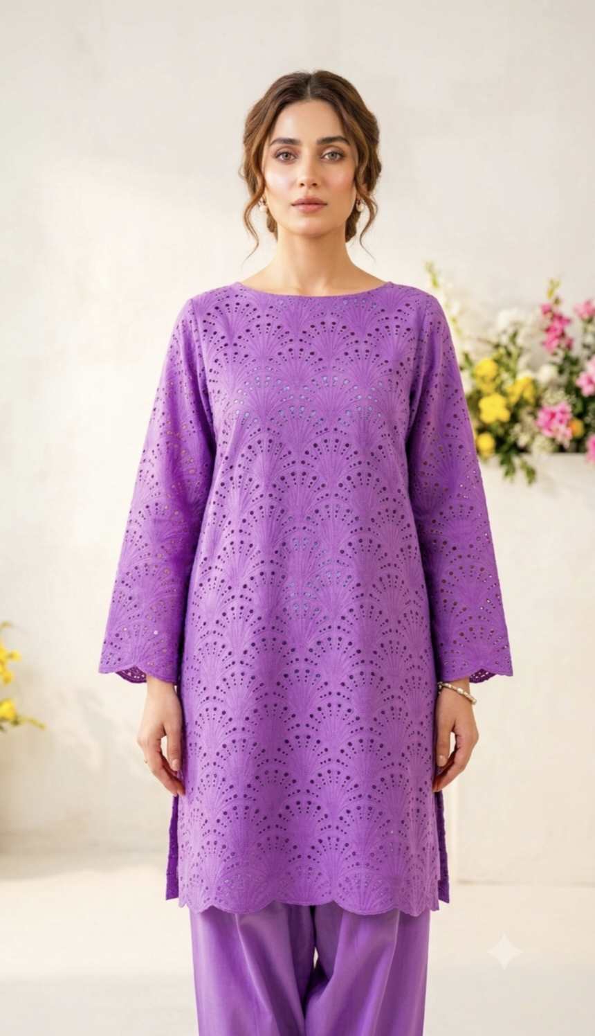 🥳 Big Sale M-602  Rs.1670 Imported Luxury 3-D chickenKari Arr Embroidery Pure Summer Lawn Shirt
