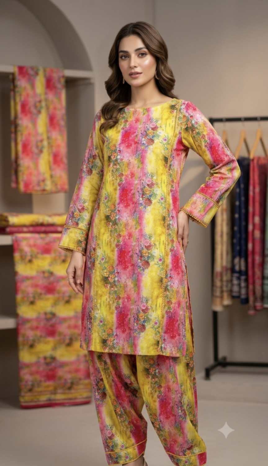 🥳 New Arrival M-529 Rs.1550 Imported Digital Luxury Stone Lelin( Mid season & Winter) Same print Shirt & Truzer 2pc