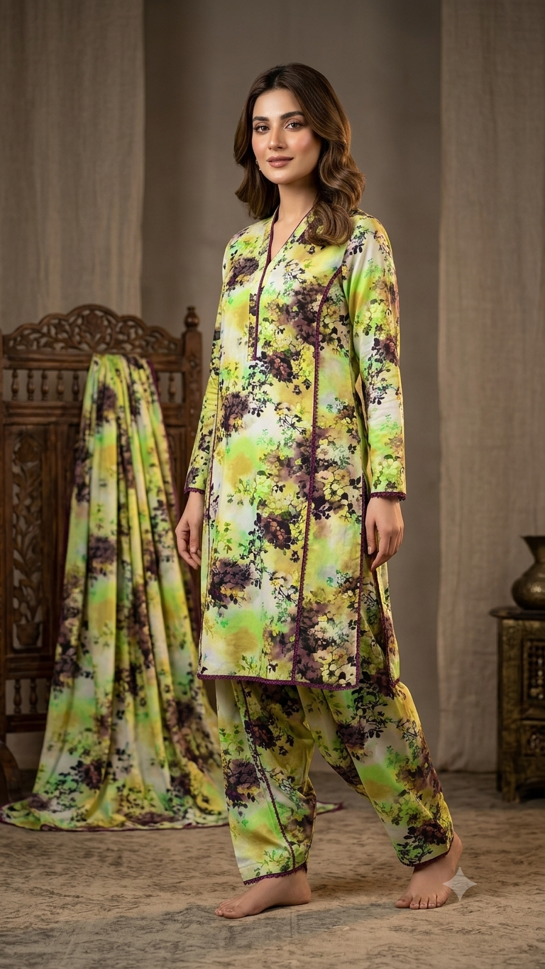 🥳 New Arrival M-527 Rs.1550 Imported Digital Luxury Stone Lelin( Mid season & Winter) Same print Shirt & Truzer 2pc
