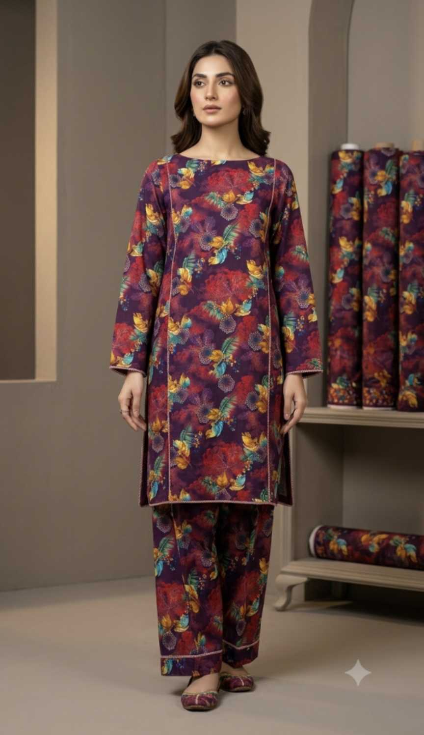 🥳 New Arrival M-528 Rs.1550 Imported Digital Luxury Stone Lelin( Mid season & Winter) Same print Shirt & Truzer 2pc