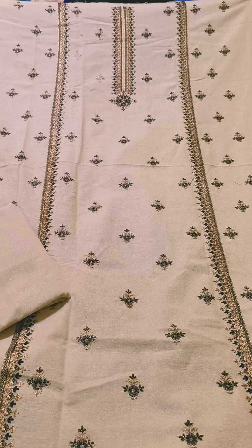 🥳 Sale Sale M-3981  Imported Breezy Squance work Embroidery in karandi Khadder stuff Shirt & Truzer 2pc
