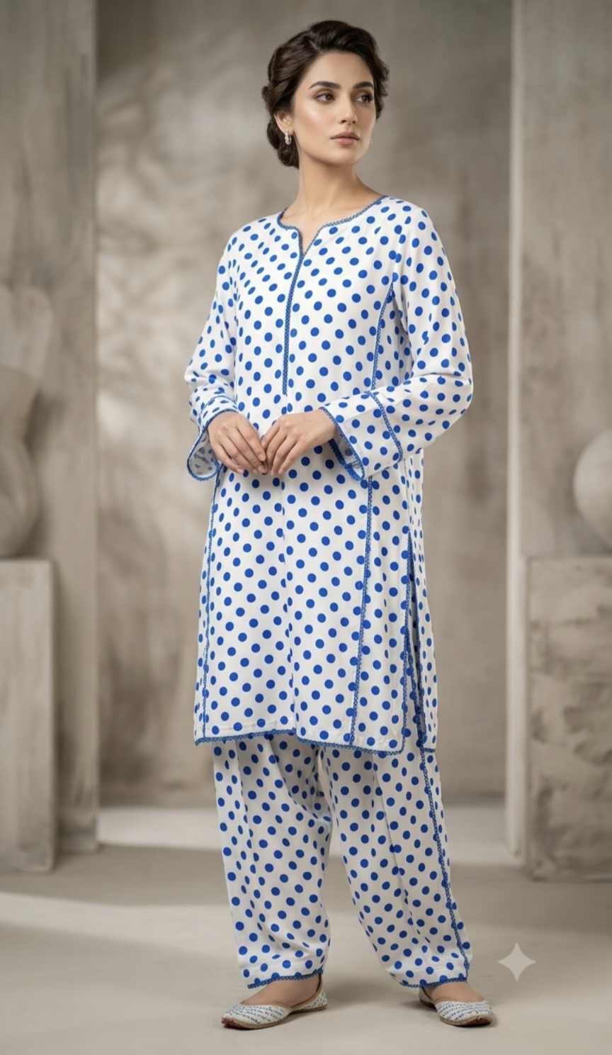 🥳 Big Sale M-648  Rs.1190 Imported Polka design Korean Shamoz Silk (Mid season & Winner) Stuff Same print Shirt & Truzer 2pc
