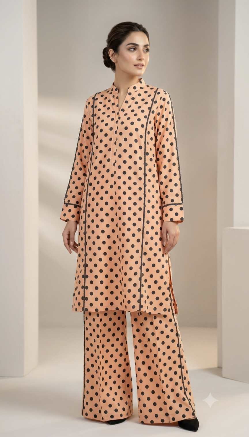 🥳 Big Sale M-646  Rs.1190 Imported Polka design Korean Shamoz Silk (Mid season & Winner) Stuff Same print Shirt & Truzer 2pc