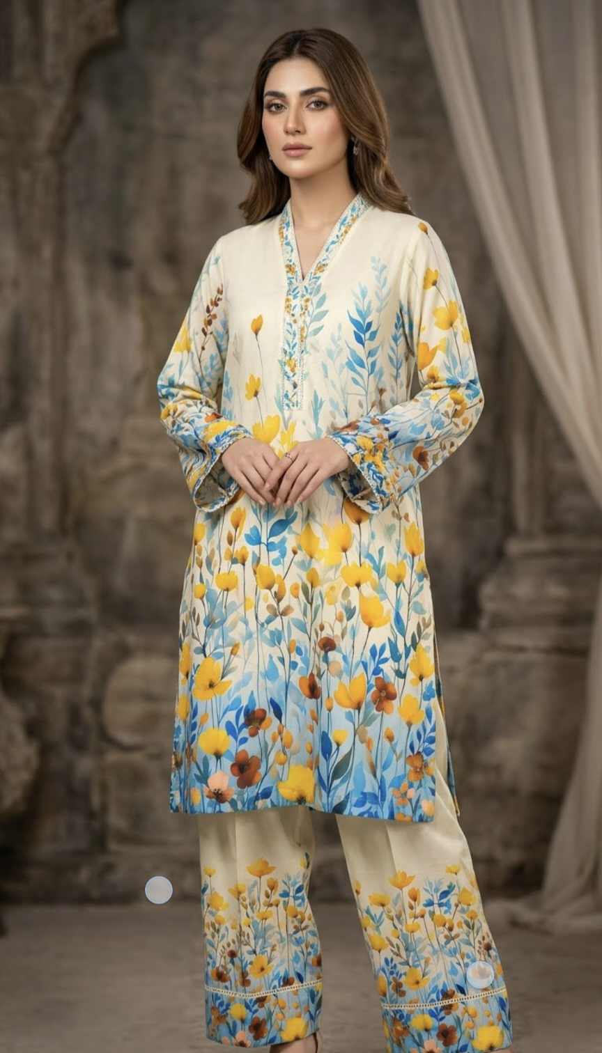 🥳 New Arrivals M-929  Rs.1590 Imported Most Luxurious Border Wala Design Stone Lelin Same print Shirt & Trouser 2pc