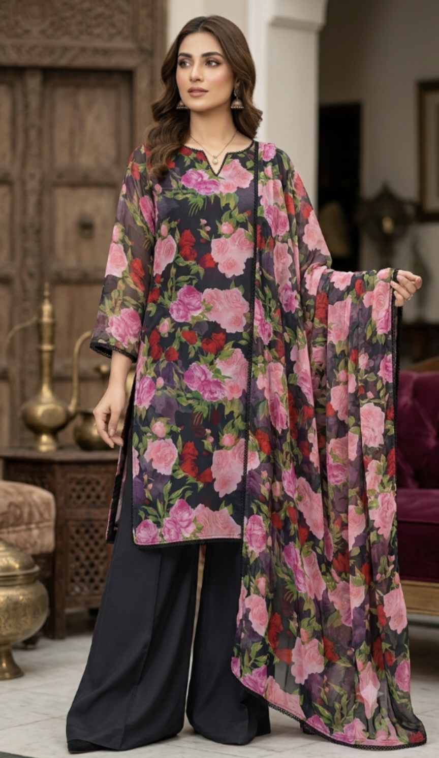 Duppta+ Shirt🥳 Big Sale M-773   Rs.1390 Imported Korean Pure Shaffon Stuff Same design Duppta & Shirt 2pc