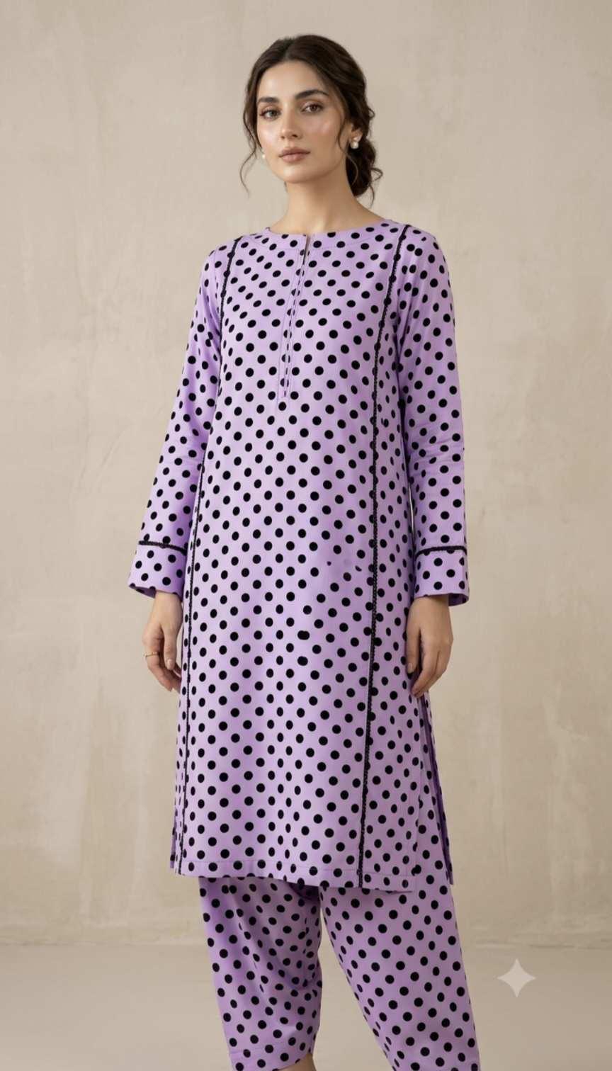 🥳 Big Sale M-647  Rs.1190 Imported Polka design Korean Shamoz Silk (Mid season & Winner) Stuff Same print Shirt & Truzer 2pc