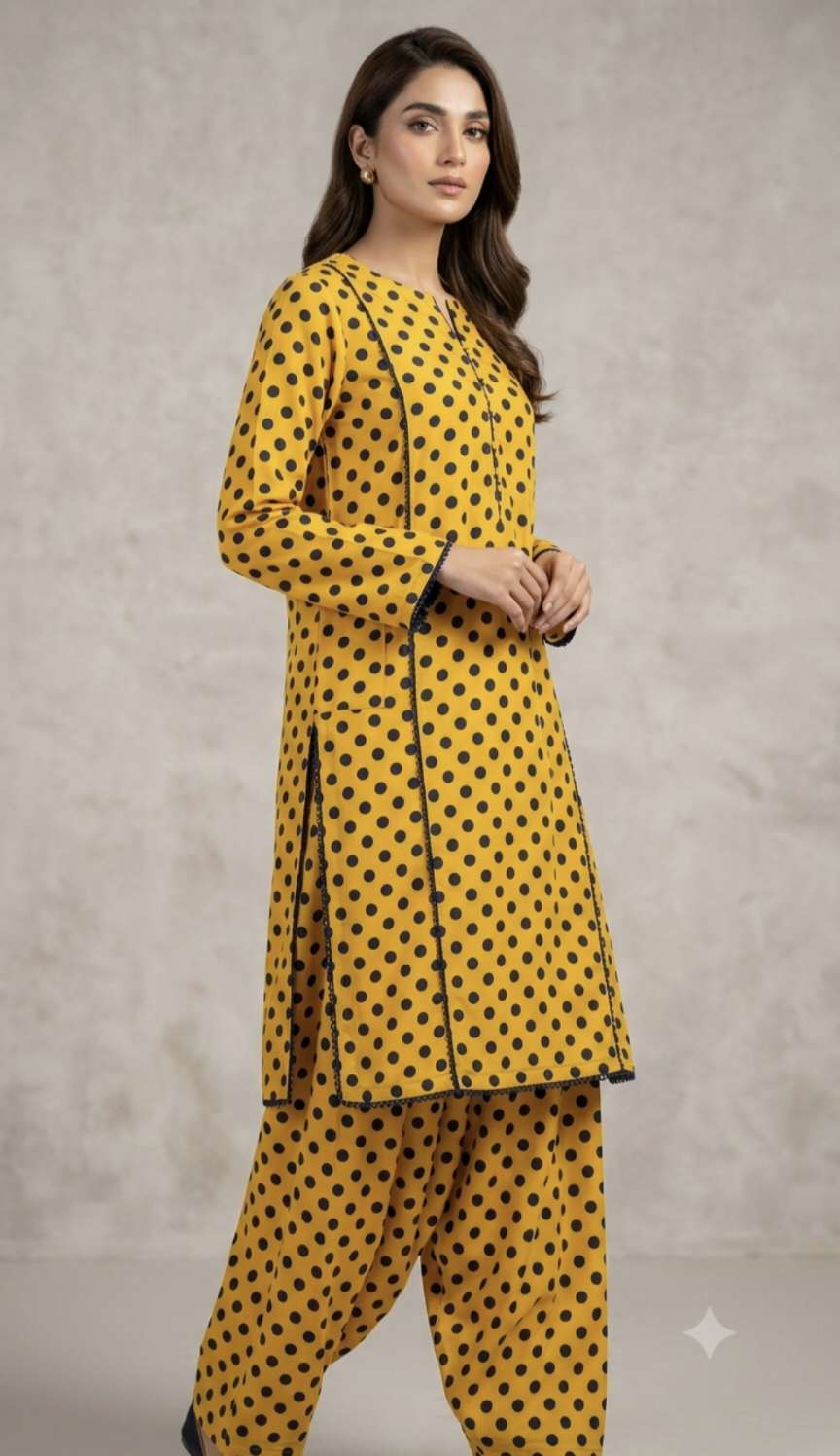 🥳 Big Sale M-645  Rs.1190 Imported Polka design Korean Shamoz Silk (Mid season & Winner) Stuff Same print Shirt & Truzer 2pc
