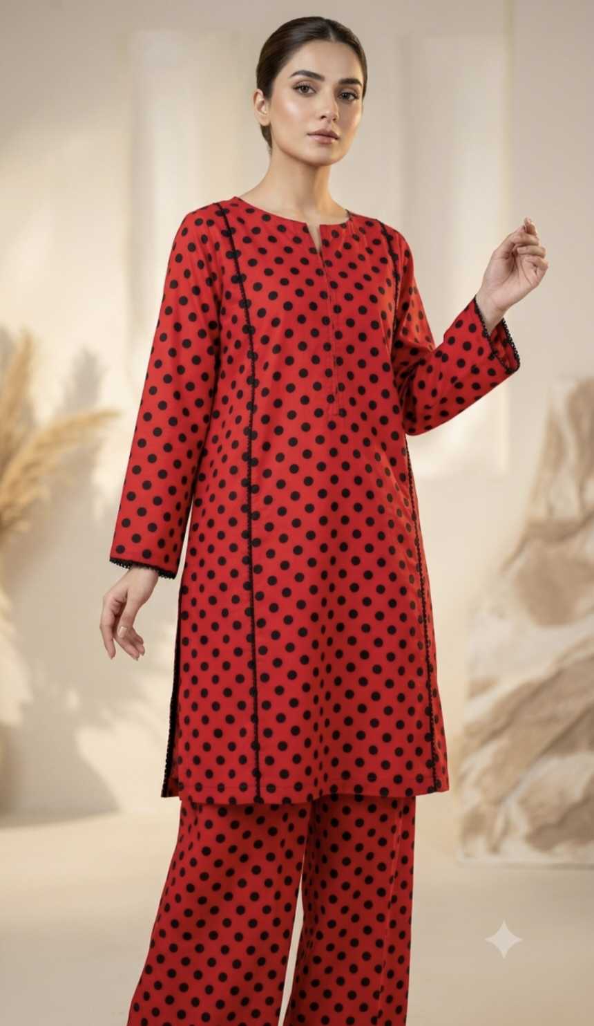 🥳 Big Sale M-649  Rs.1190 Imported Polka design Korean Shamoz Silk (Mid season & Winner) Stuff Same print Shirt & Truzer 2pc