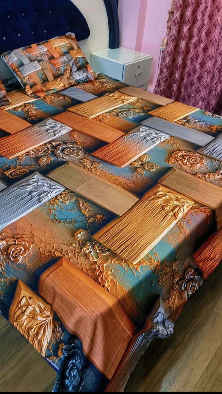 😱 New Arrivals M-879  Rs.2670 (Dc Feee) Imported Luxurious 5-D Premium Crystal Cotton Life Time Granttee King Size 3pc Bed Sheet (94" * 96")  02 Stitch Pillows