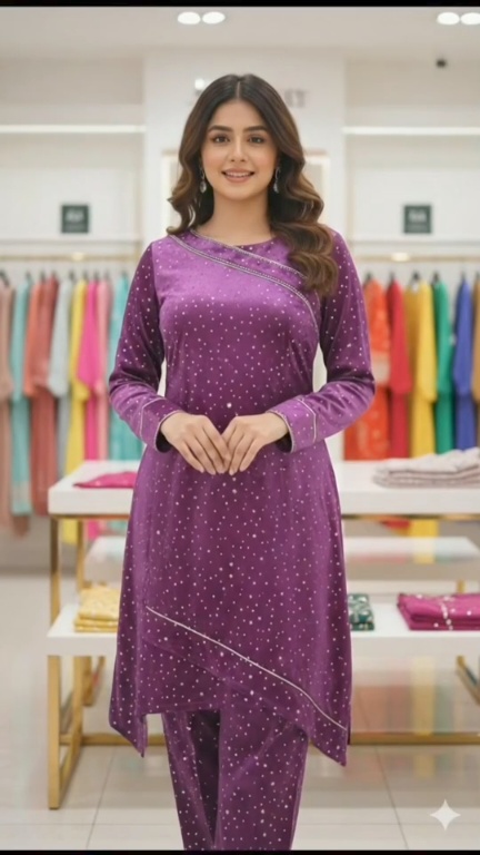 🥳 Big Sale M-0250 Rs.1290 Imported Digital Korean Velvet With Embossed Citara Same print Shirt & Truzer 2pc