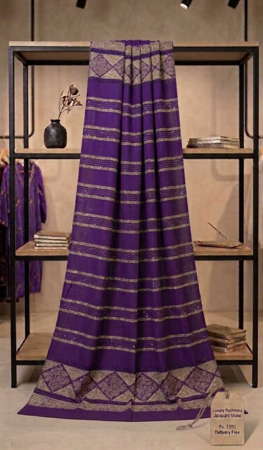 😱Big Sale M-1204 Rs.1390 ( Delivery Free) 🚚 Imported Pashmina Velvet Jacquard with Squence Dorria Work Winter Shawl